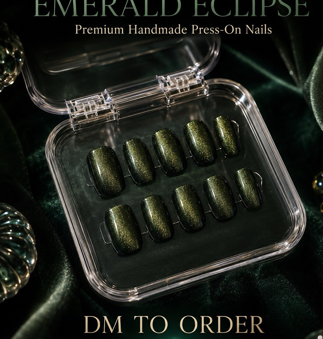 Press-On Nails Medium Square Green Shiny Handmade Pre-Designed Solid