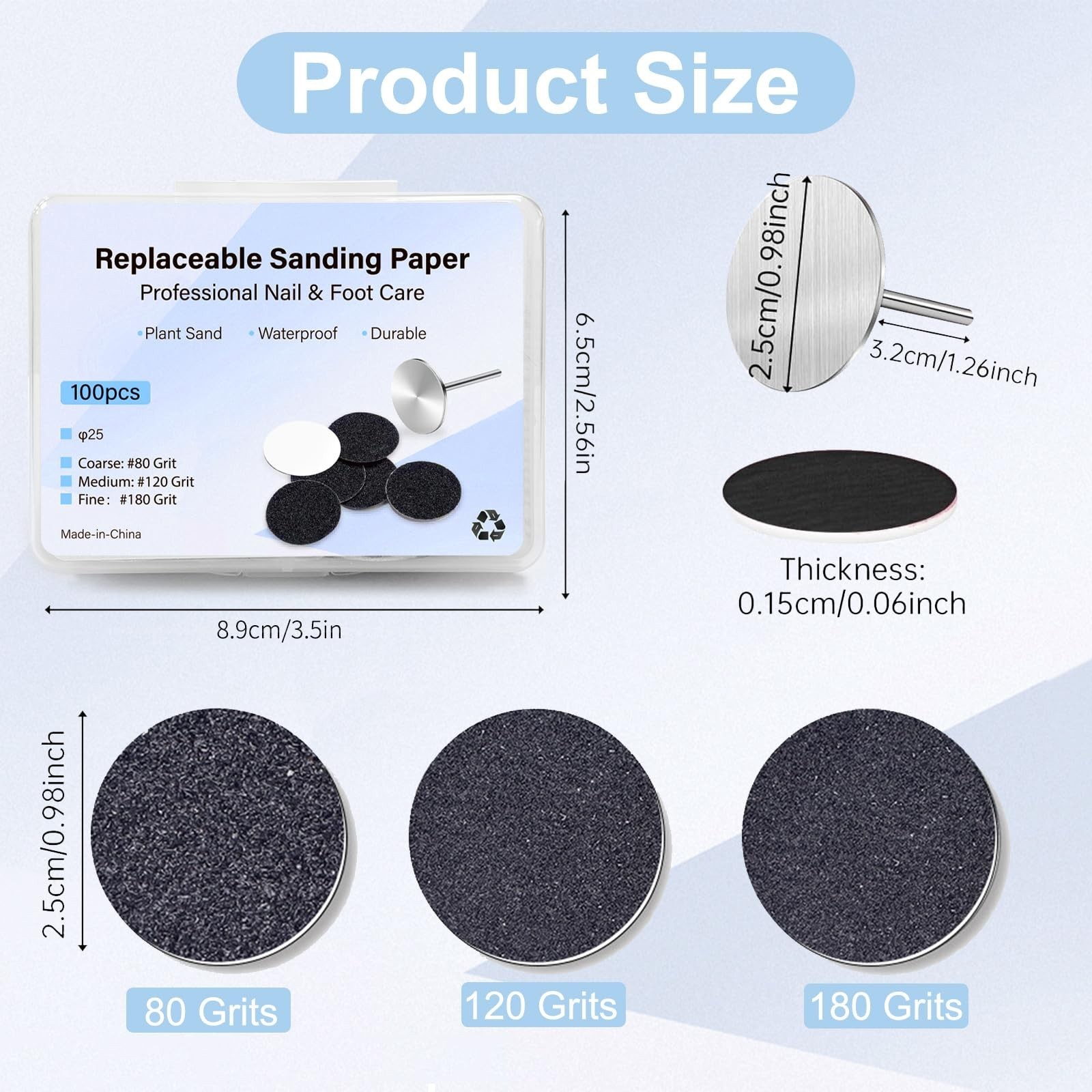100pcs Foot File Sandpaper Disc with 1 Metal Shaft Replaceable Sanding Pads f…