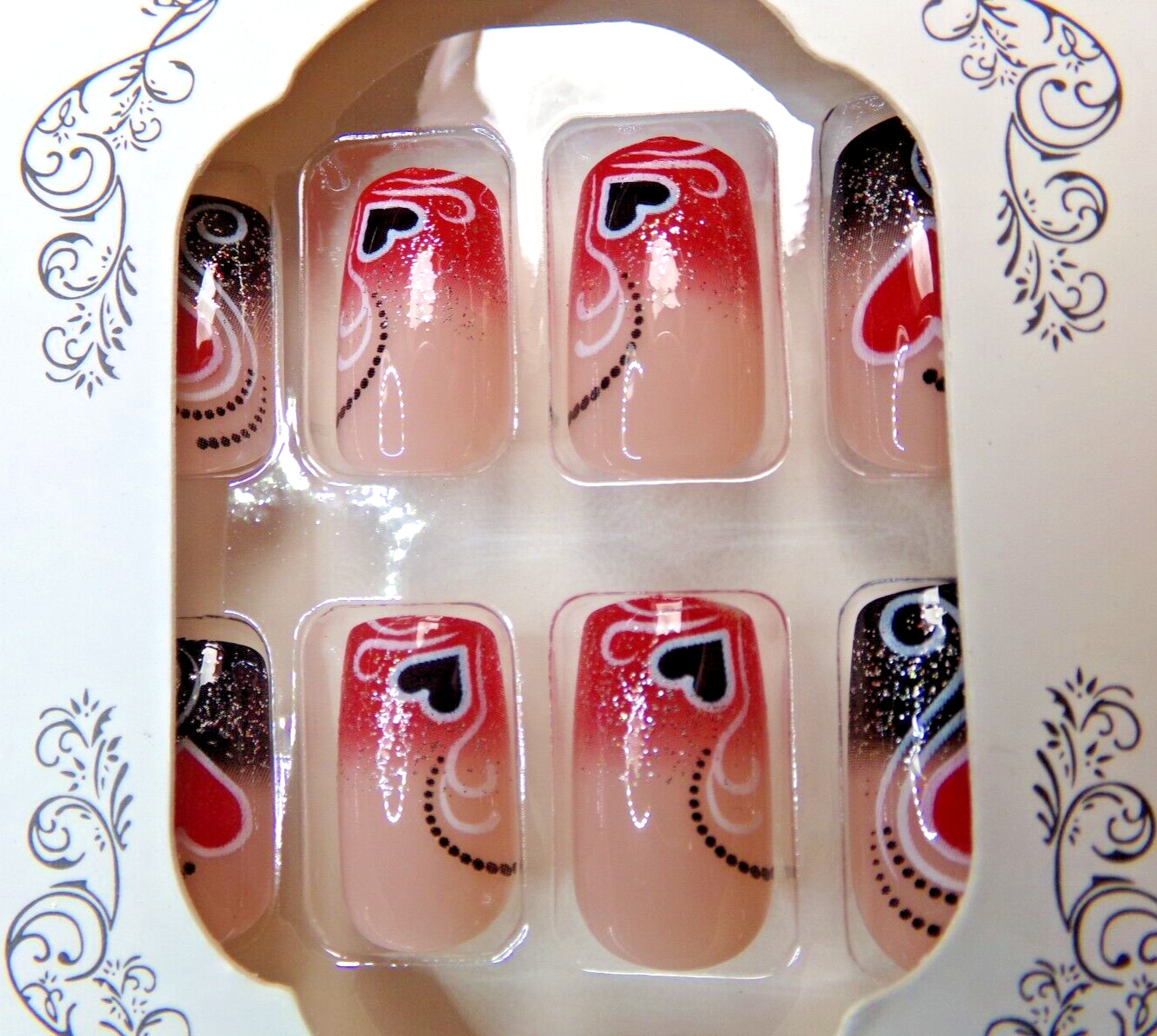 Valentine’s Day Nails Red & Black with Heart Accents glue on Medium