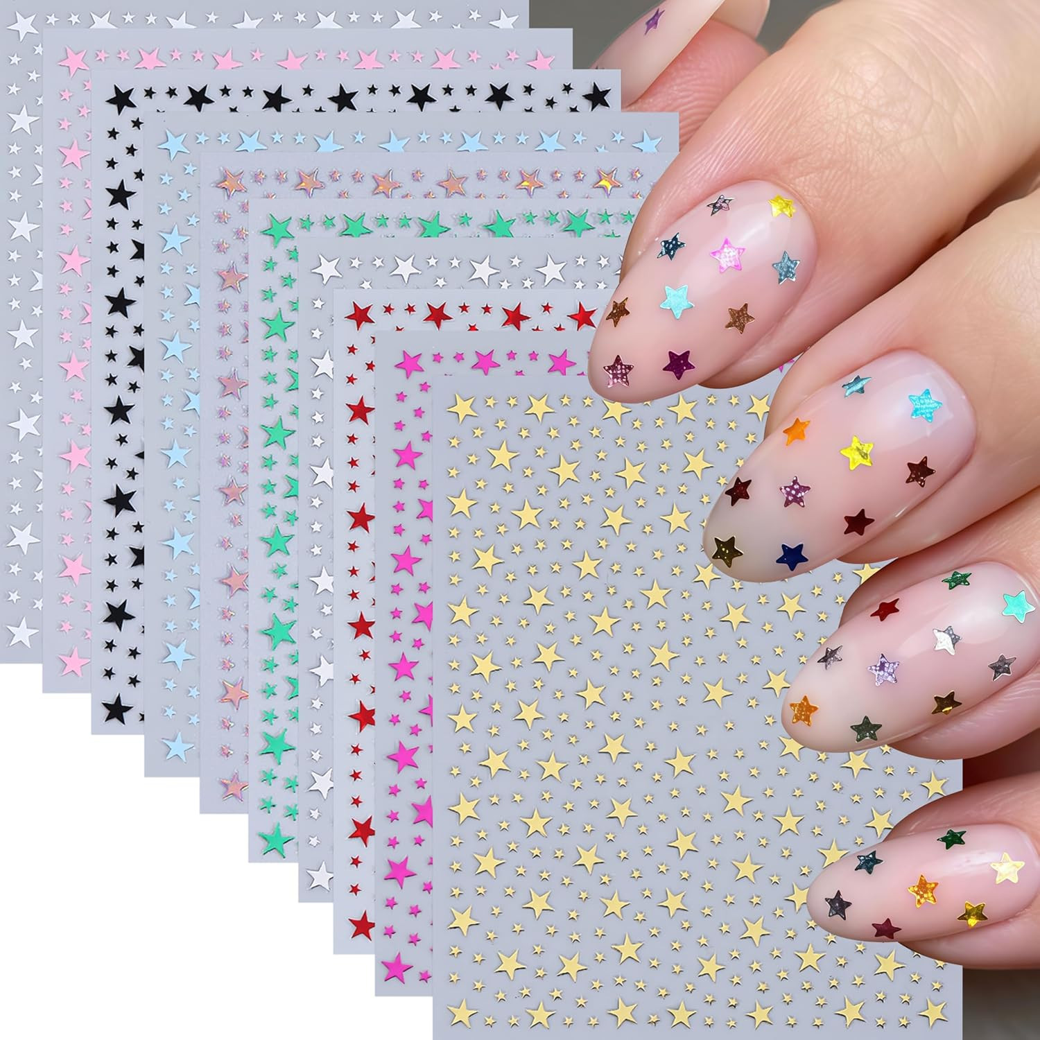 10 Pcs Star Nail Stickers 3D Gold Silver White Black Red Blue Green Rose Gold Pi