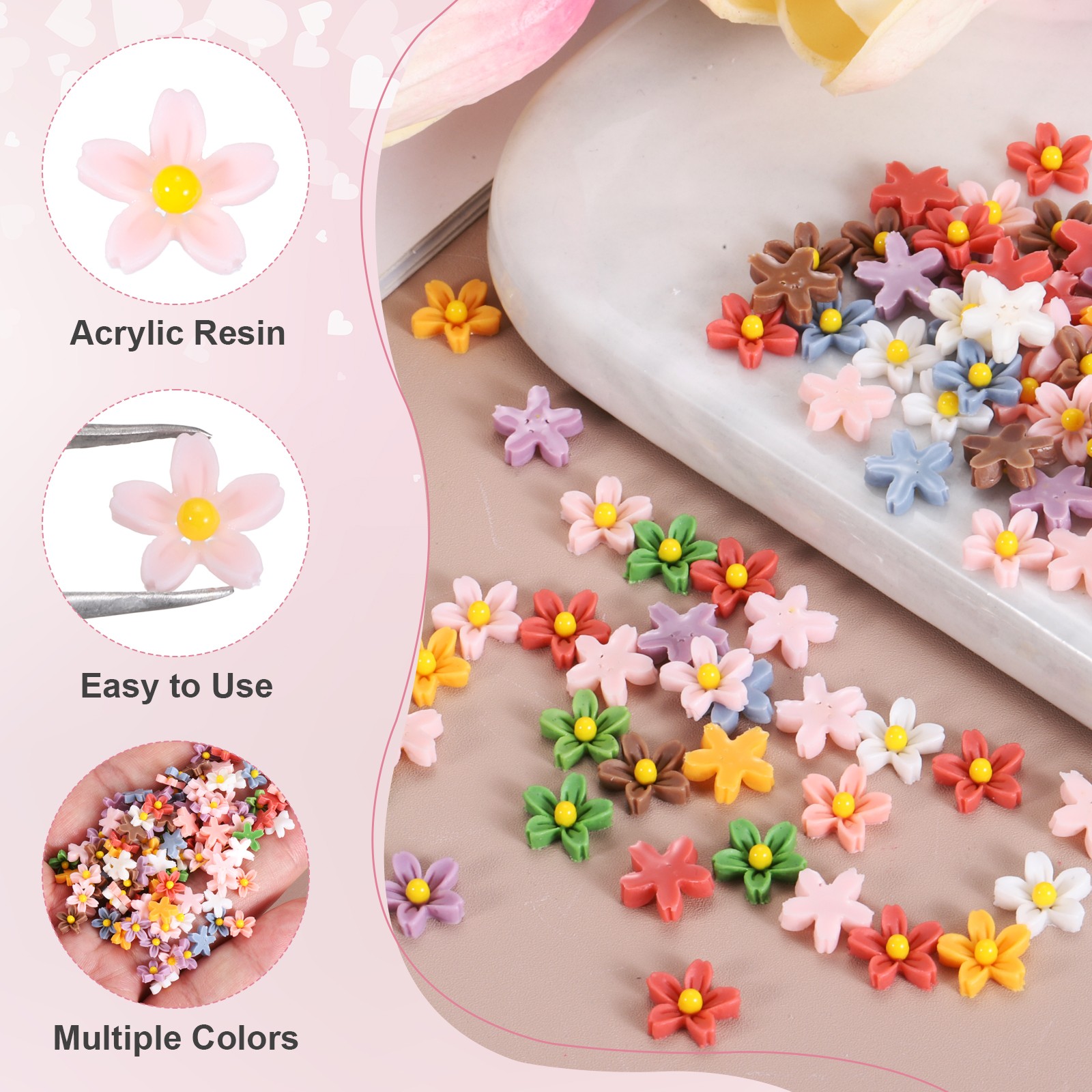 Resin Flowers, Mini 3D Flowers for Nails Tiny Resin 50 Pcs & Pink