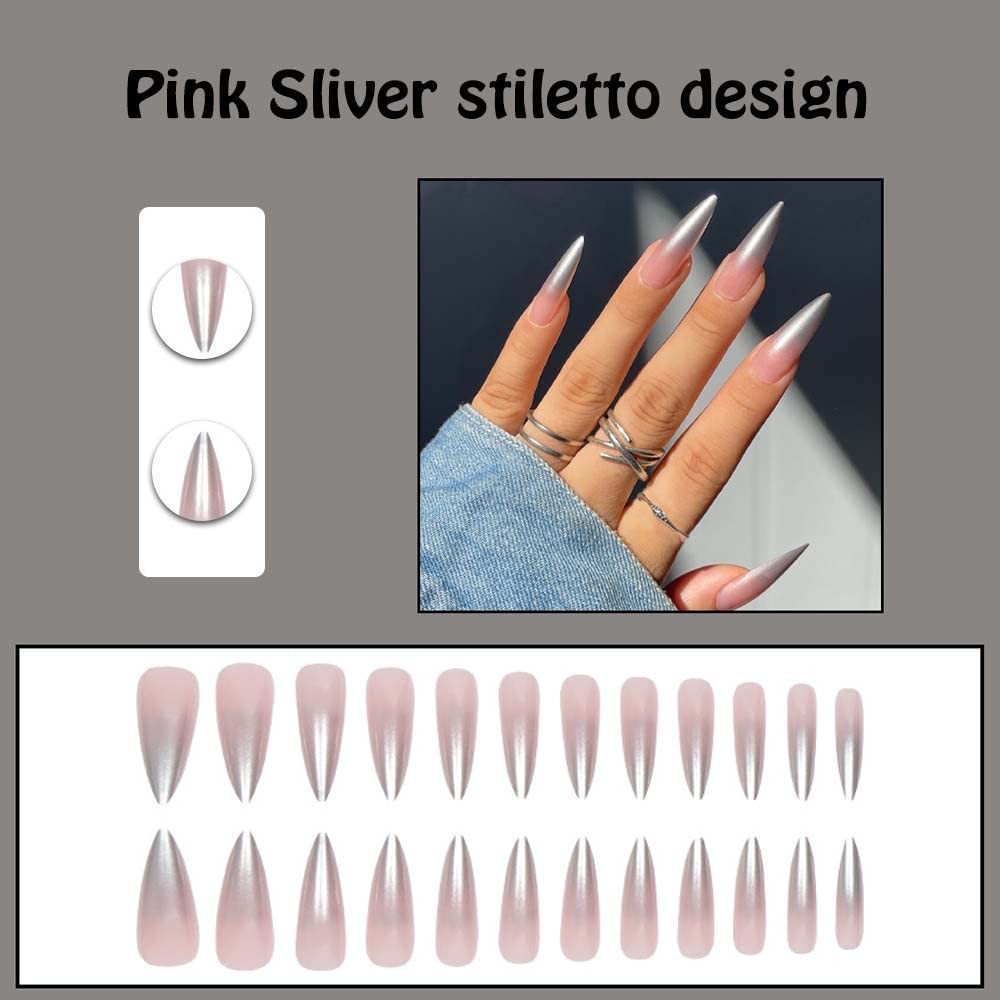 Silver Stiletto Press on Nails Long, Ombre Chrome Fake Nails for