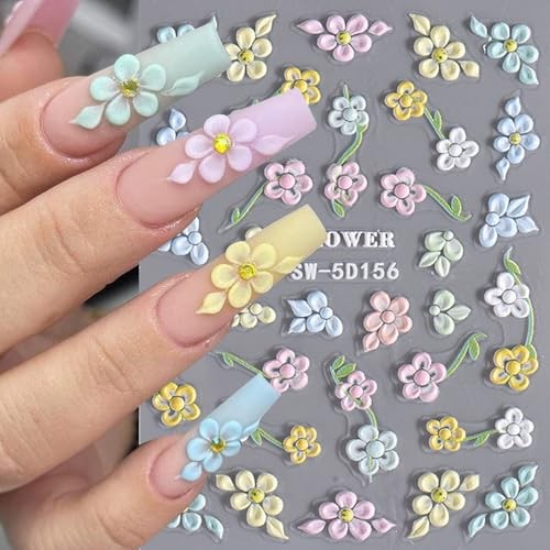 Flower Nail Art Stickers Decals 6PCS 5D Embossed Hibiscus Nail Stickers Self