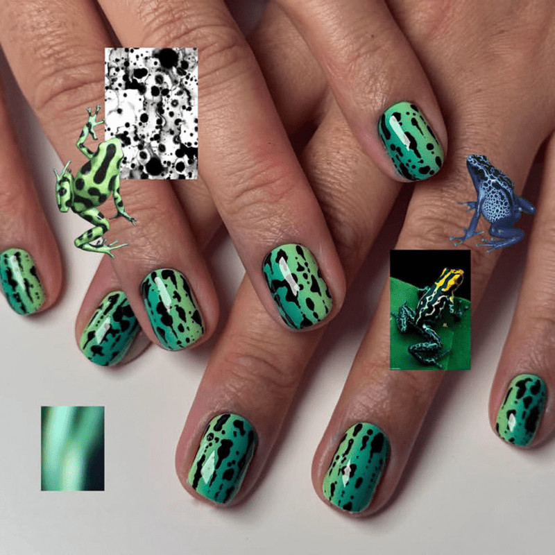 48P Short Square Press on Nails, Green Black Frog Spot Animal Fake Nails