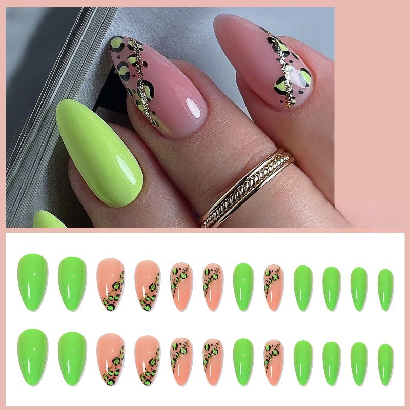 48pcs-Bright Green & Pink Nails, Almond with Leopard Print and Gold Line Accents