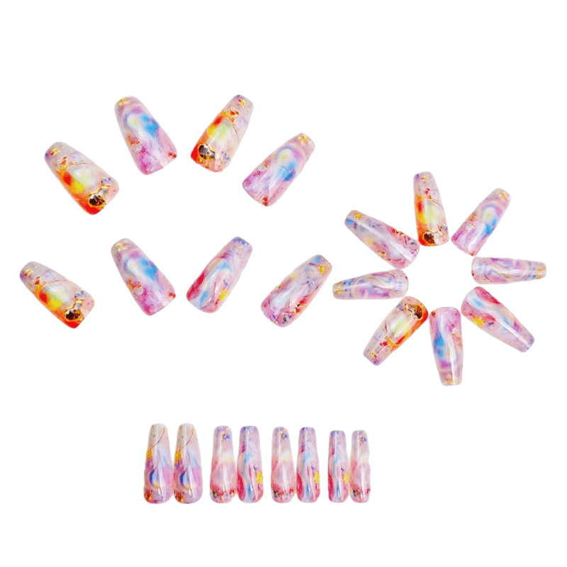 48 Pcs Iridescent Rhinestone Press on Nails, Long Coffin Nude Elegant Fake Nails