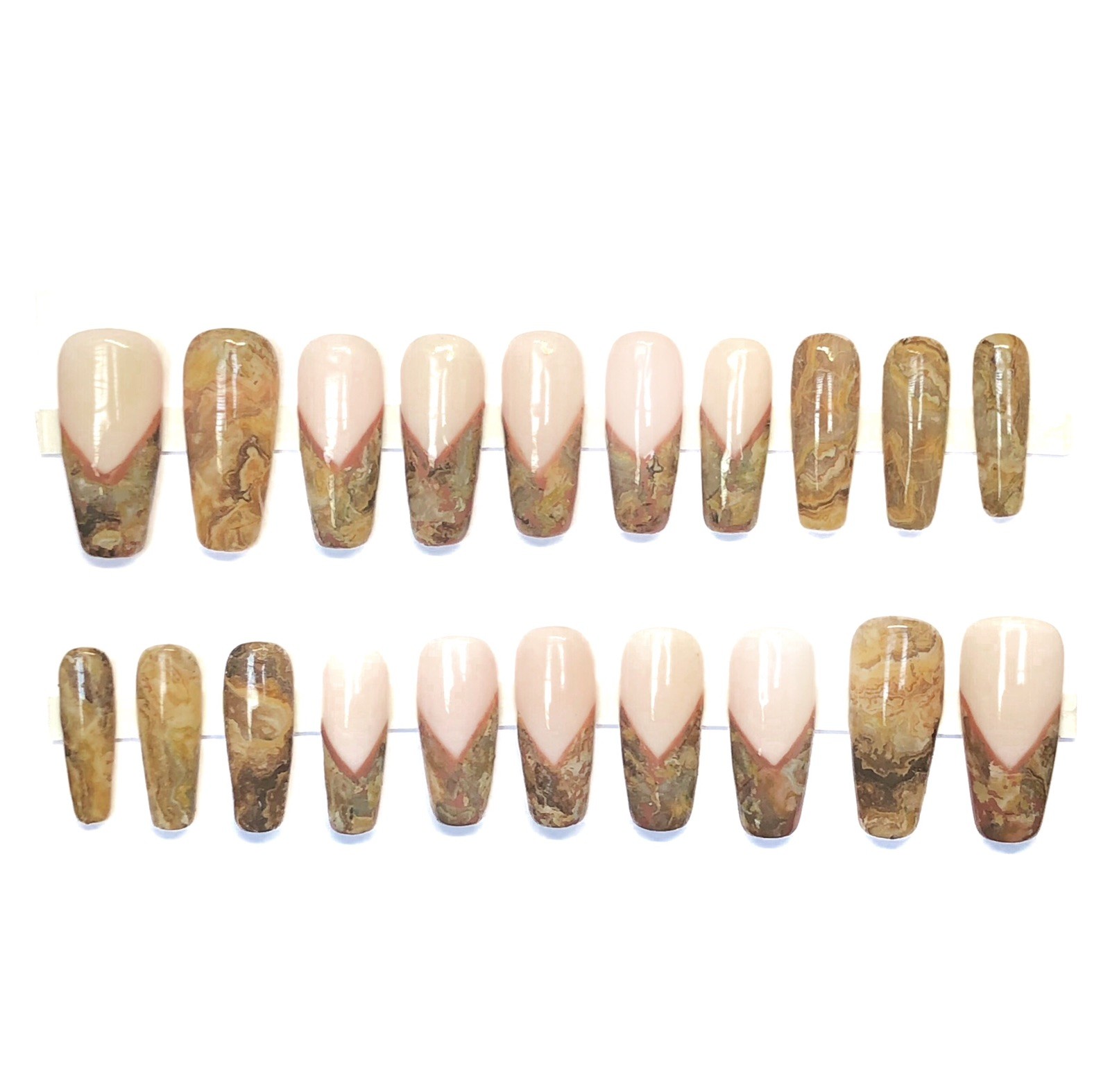 Custom Handmade Press On Nails Long Coffin Milky White Brown French Marble Nails