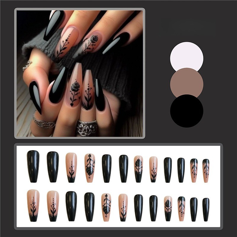 48pcs-Black Rose Press on Nails, Long Stiletto Nude Gradient Gothic Fake Nails