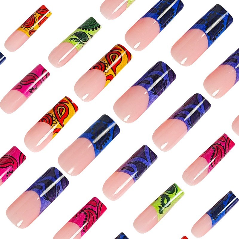 48pcs-Colorful Paisley Press on Nail, Long Coffin French Tip Acrylic False Nails
