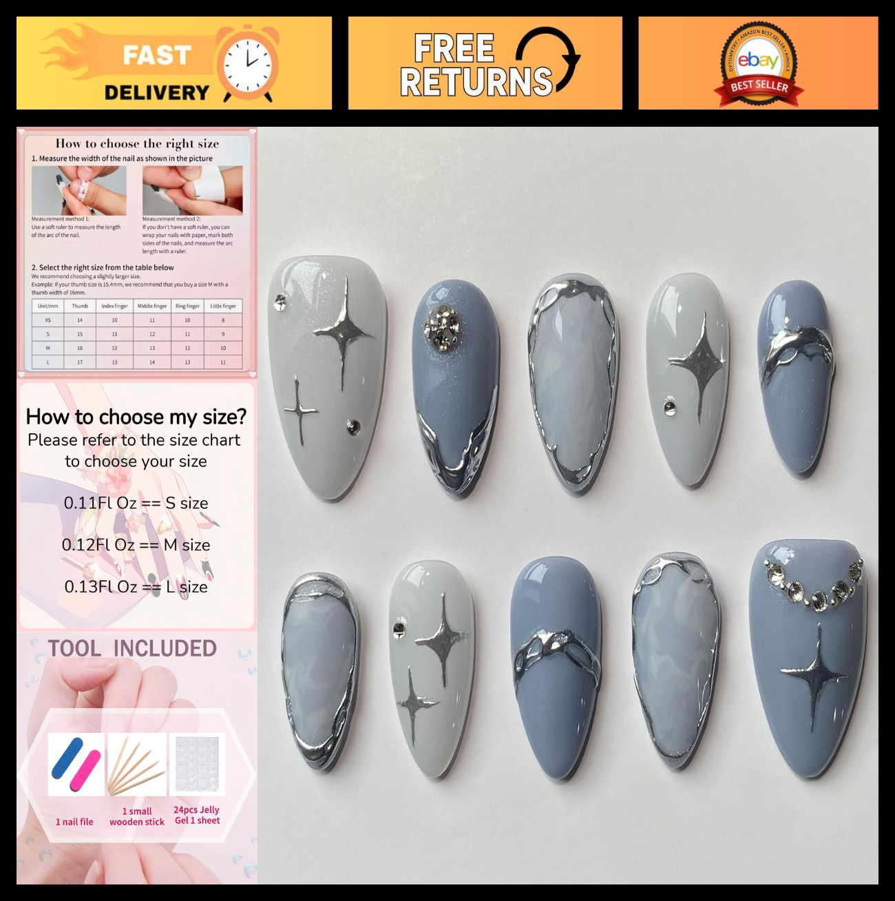 Handmade 3D Press On Nails – Short Almond Shape, 10 Pcs Reusable ABS, French Des
