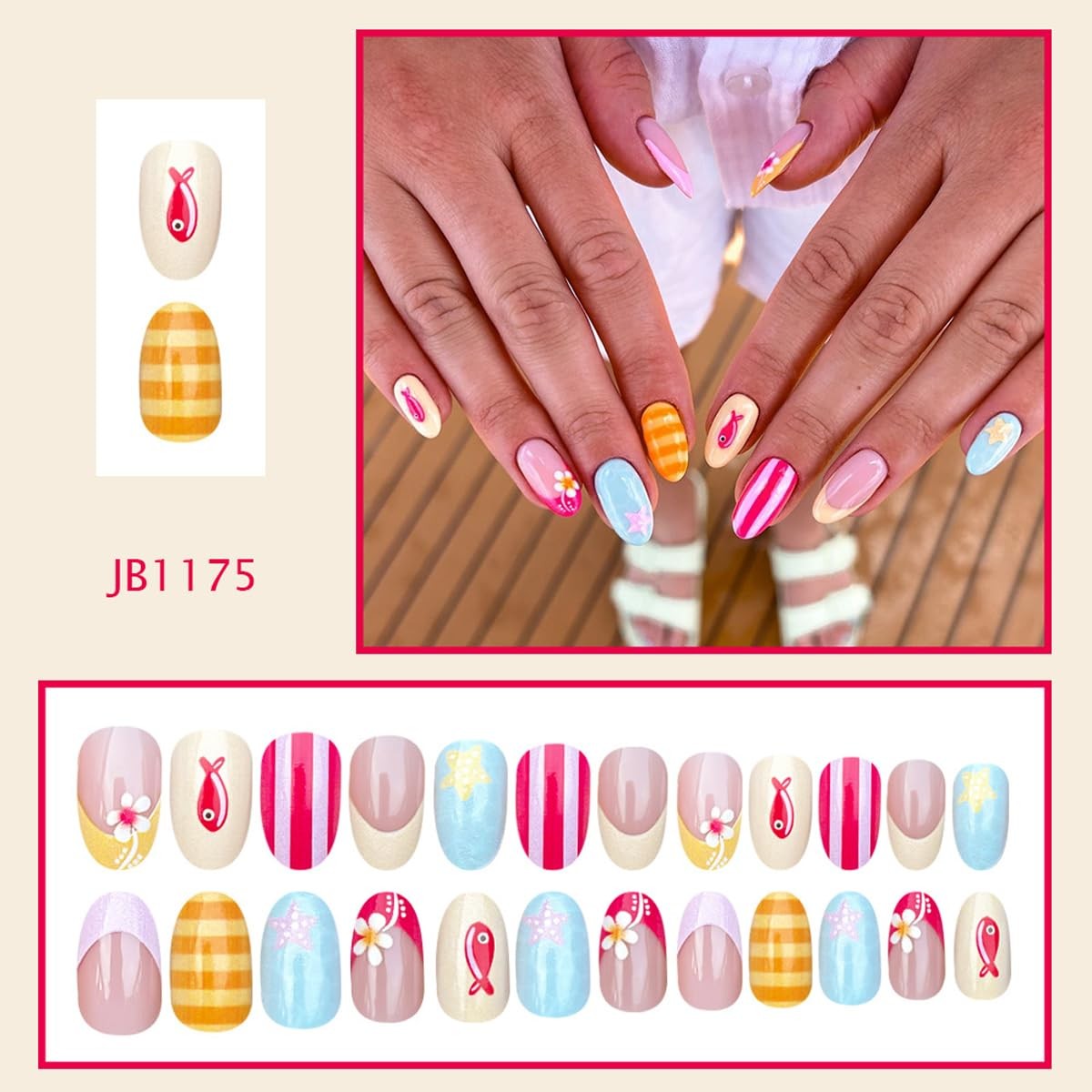 KASOICRA Medium Star Fish Flower Oval Press On Nails