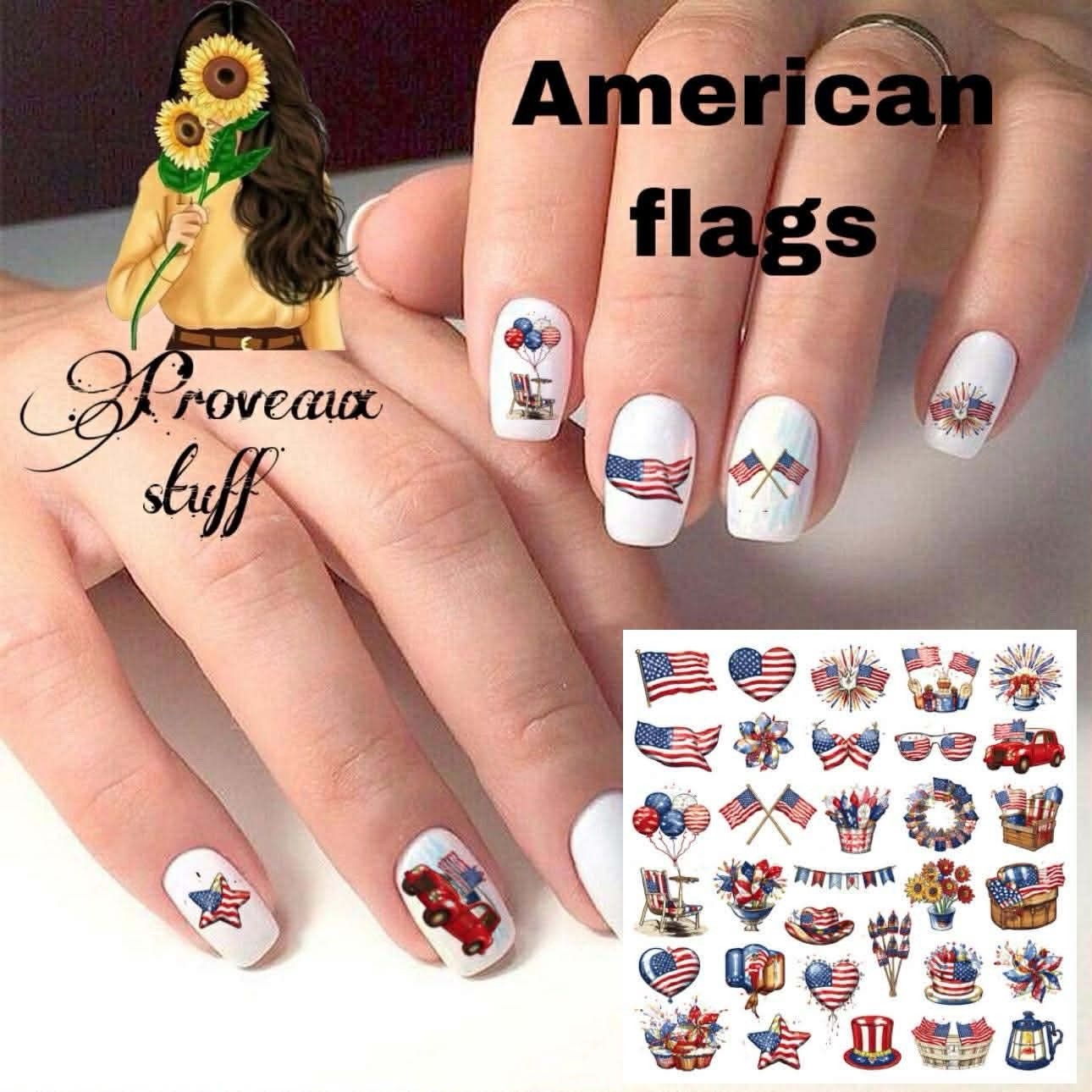 American Flags Waterslide Nail Art Decals Set Of 50 Instructions Bonus SP