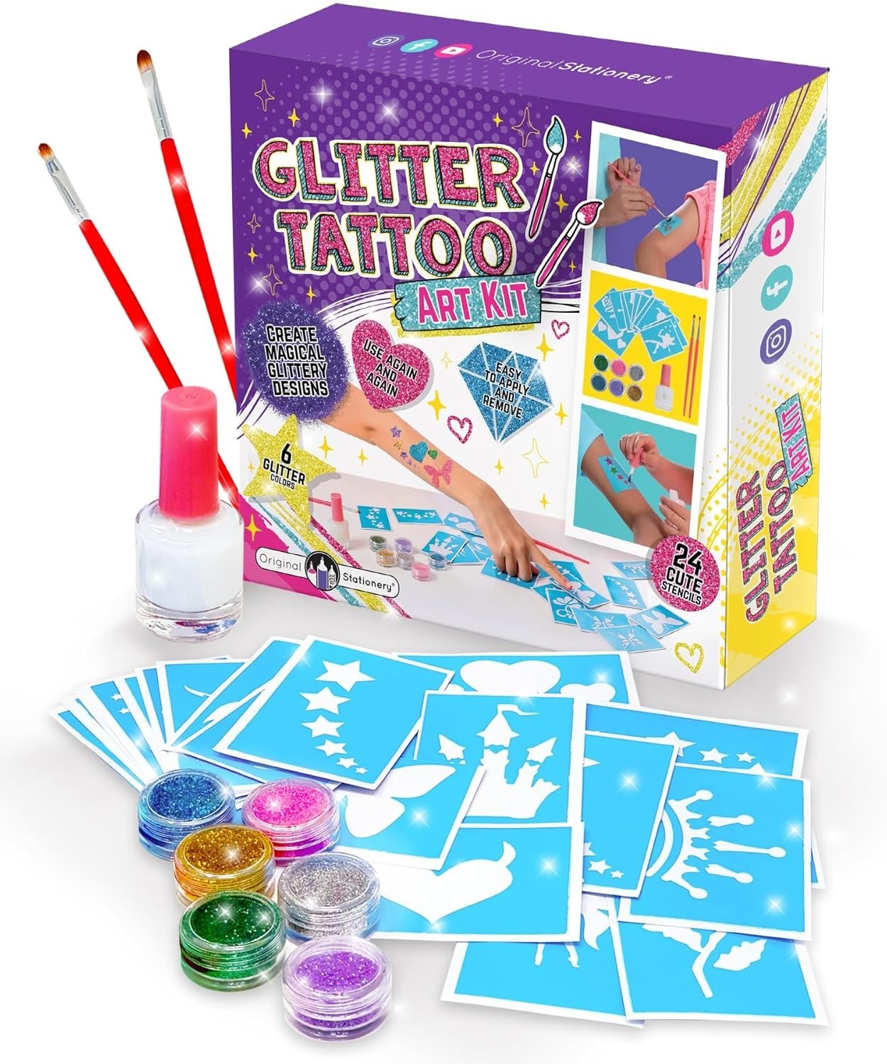 Glitter Tattoo Kit – 33-Piece Multicolor Set, Ages 3-8, 24 Stencils, 6 Color …