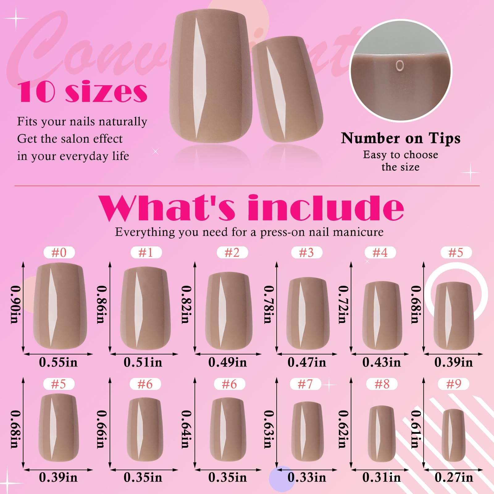 AddFavor 240pcs Brown Press on Nails Medium Square Fake Nails, 10 Size,