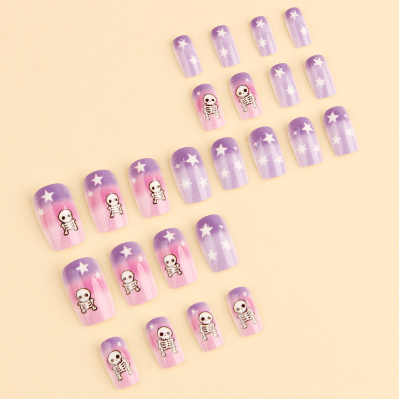 48Pcs-Long Square Pink Purple Gradient Cartoon Skeleton White Star Press on Nail