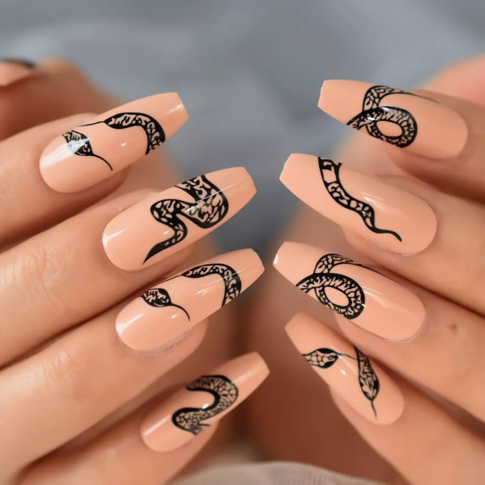 24 Nude Tan Snake press on nails kit with glue goth alt emo edgy black design