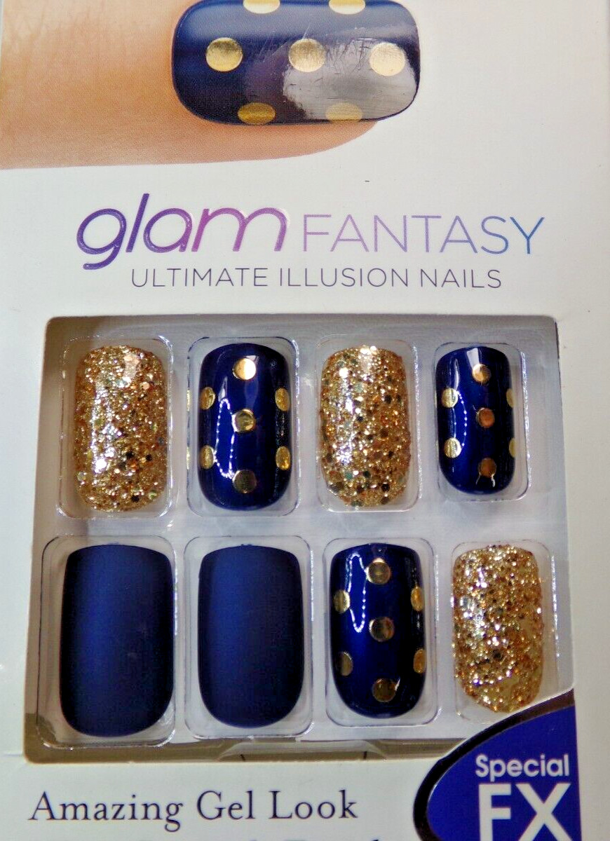 KISS GLAM FANTASY NAILS – Cobalt Blue Gold Accents – GLUE ON OR TABS MEDIUM