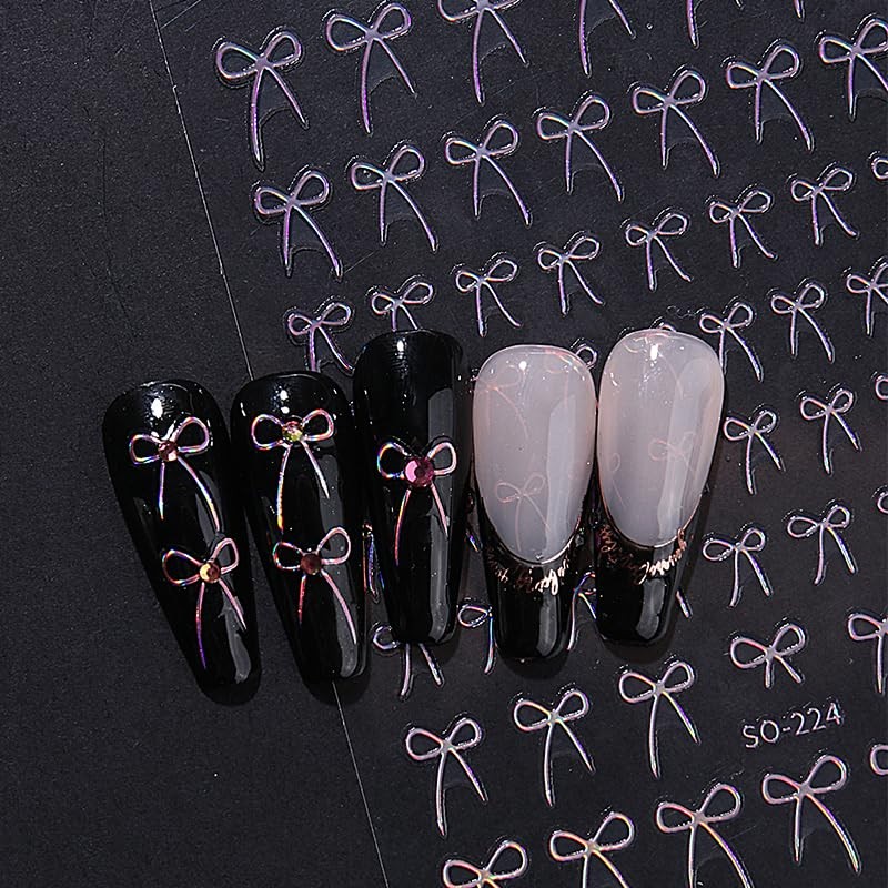 12 Sheets Bow Nail Stickers Bows Nail Decals 3D Self Adhesive Silver Gold Bow