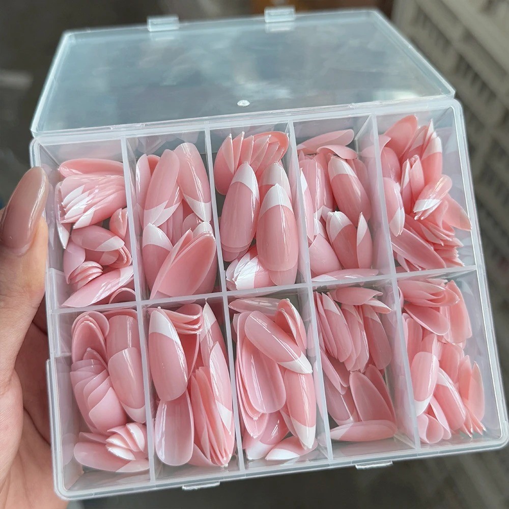 360/240/120pcs Light Pink Almond Press On Nails Glossy White French Fake Nail Si
