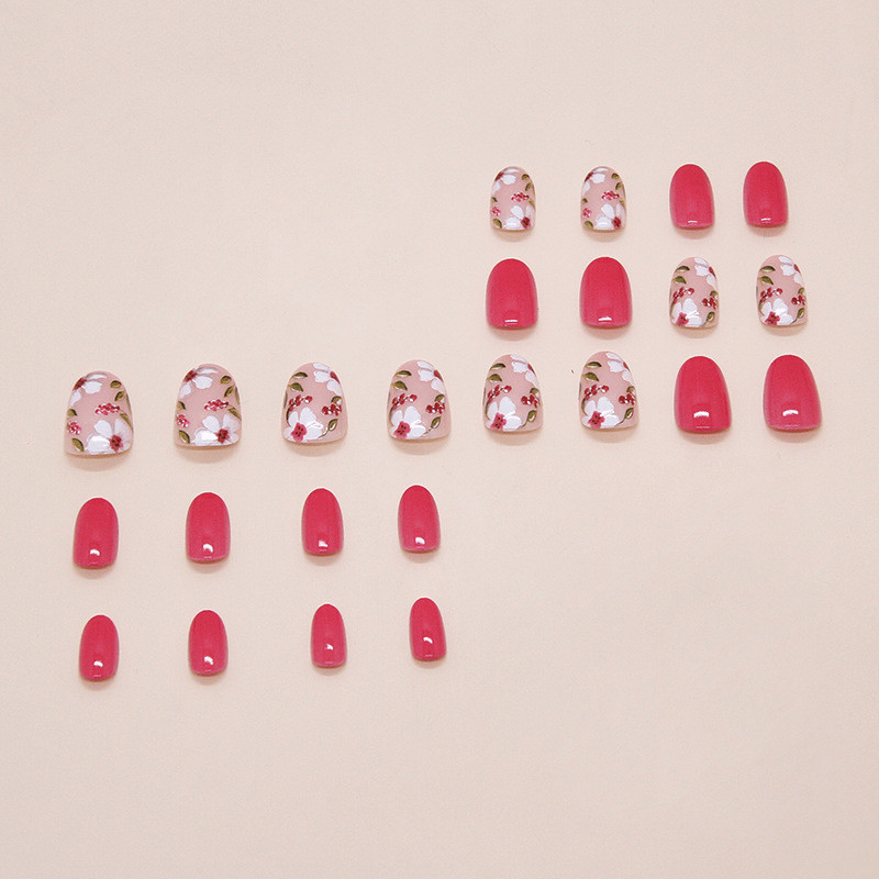 48Pcs-Short Oval Hot Pink Solid Hand Painted Floral Press on Nails Set