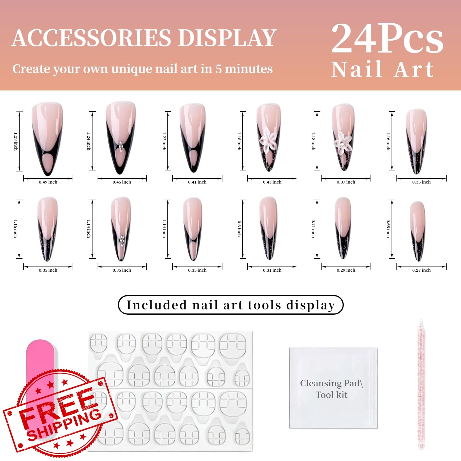 Tephrent Black Lace Almond French Nails