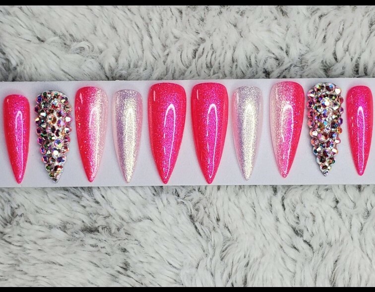 Neon hot pink Bling glitter long stiletto diamond press on nails barbie ombre