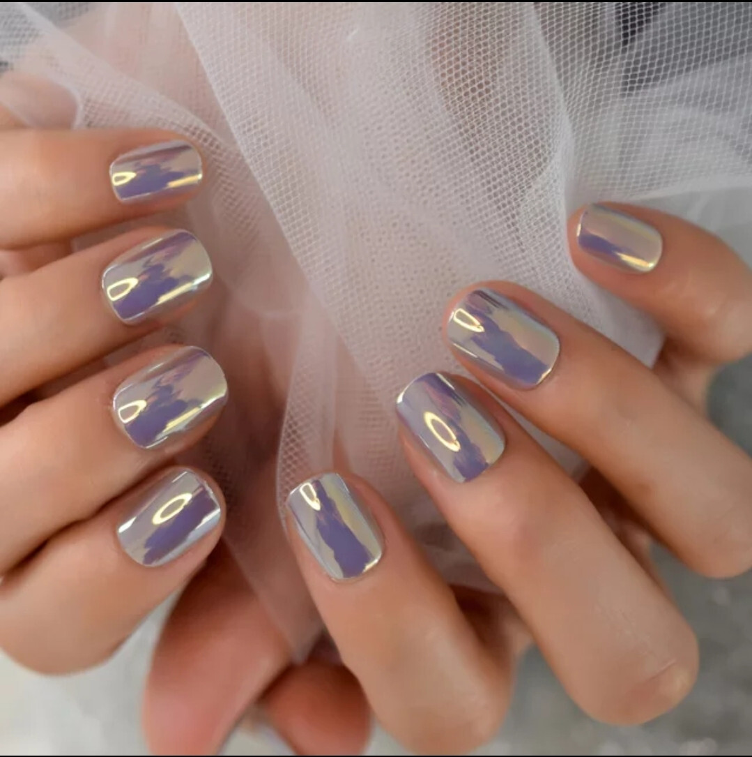 24 Short Chrome Press on nails kit w glue pale gray oil slick pink
