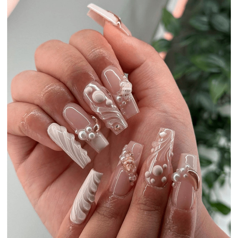 Nude White Shell Handmade Press on Nails Pearl Gold Wire Wave Gloss Fake Nails