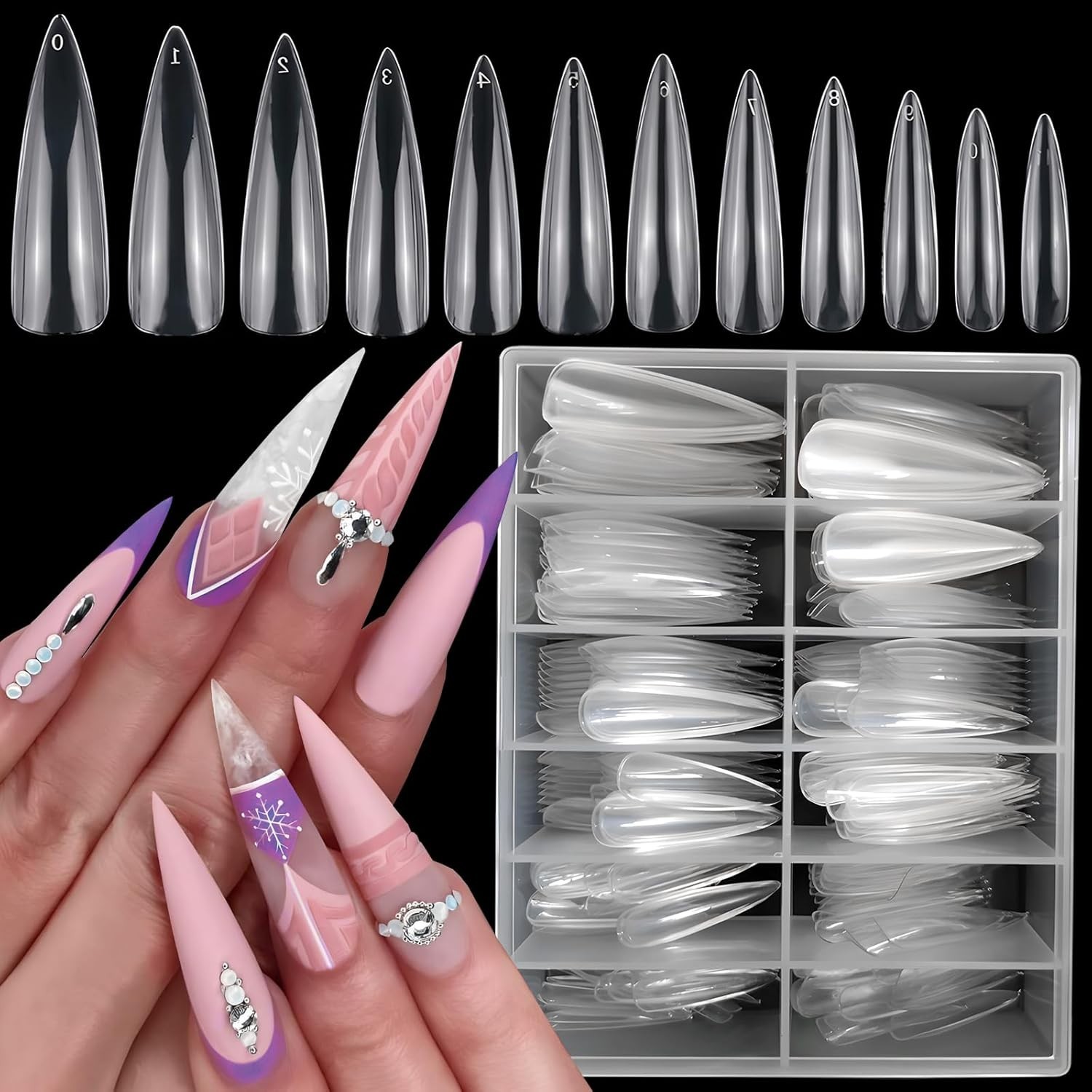 240pc XXL Almond Gel Nail Tips Extra Long Clear Oval Fake Nails 12 Sizes Full…