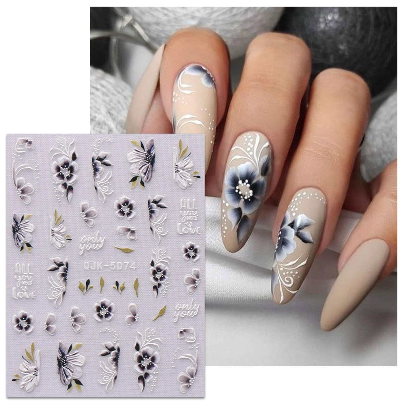 6 Sheets 3D Embossed Spring Flower Nail Art Stickers Decals Self-Adhesive Peg…