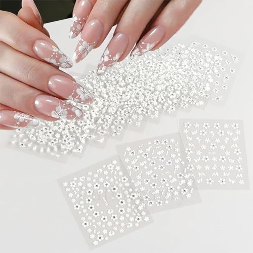 30 Sheets White Rhinestone Flower Nail Art Stickers 3D Self-Adhesive Flower
