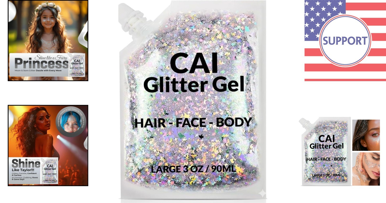 Long-Lasting Holographic Glitter Gel – Non-Toxic Body & Hair Makeup, 3 Oz