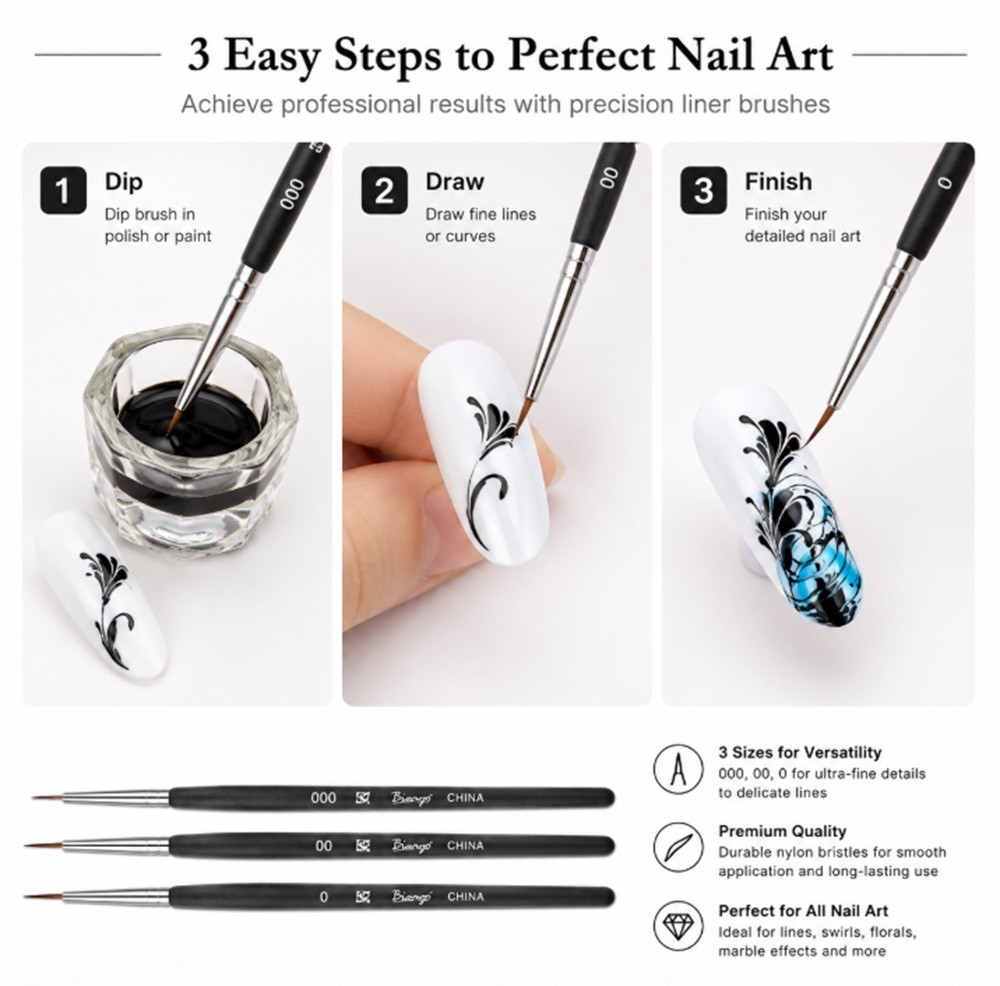 3-Piece Nail Art Liner Brushes Set – Gel Polish Painting Design Brush Pen Kit