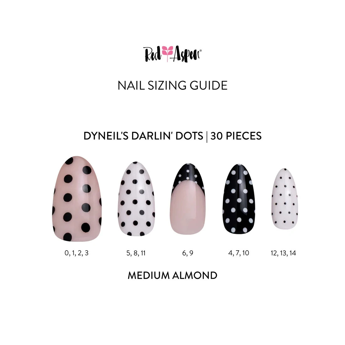 Red Aspen Press On Nails- Dyneil’s Darlin’ Dots Medium Almond Dots Black & White
