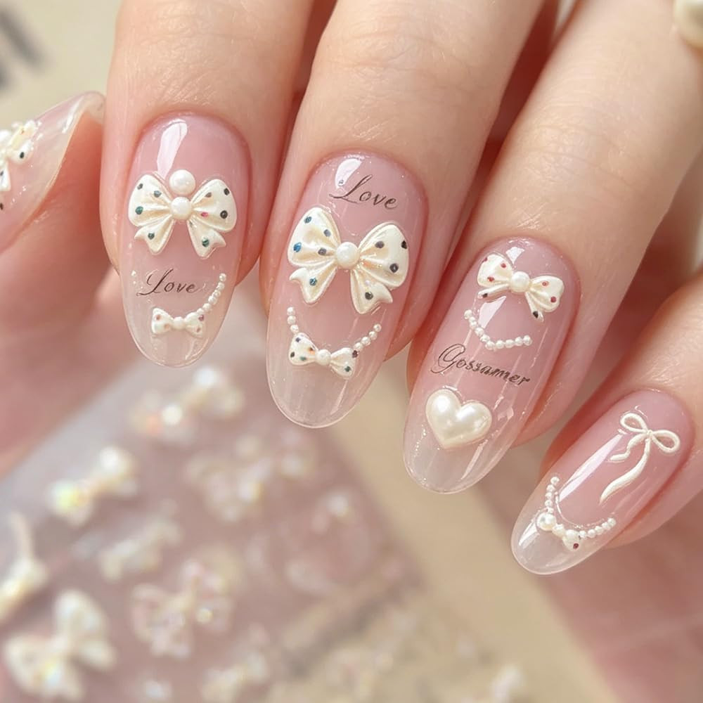5D Embossed Polka Dot Bow Nail Stickers Shell Light Cute Heart Bow Nail Decals F