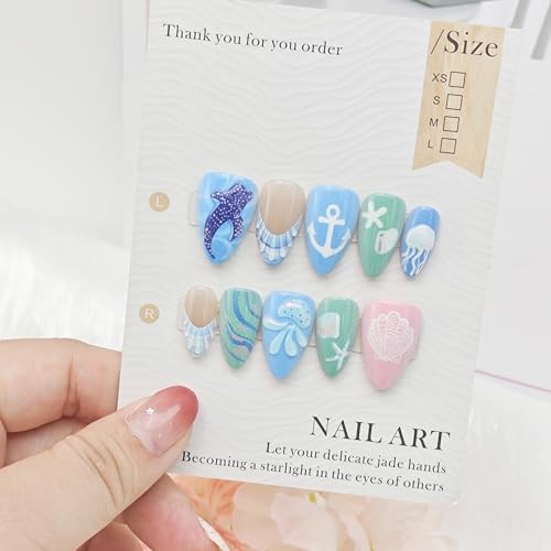 24Pcs Cute Summer Press on Nails – Short Almond French Tip – 3D Ocean-22