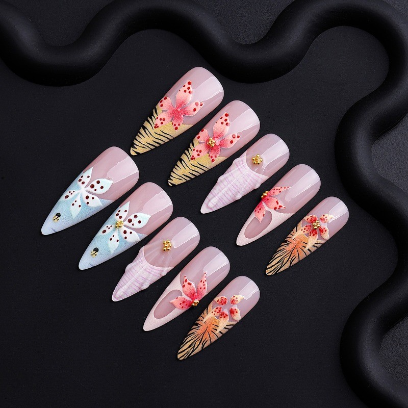 48Pcs-Summer Hibiscus Art Press on Nails Glossy Long Stiletto Nail Art Set