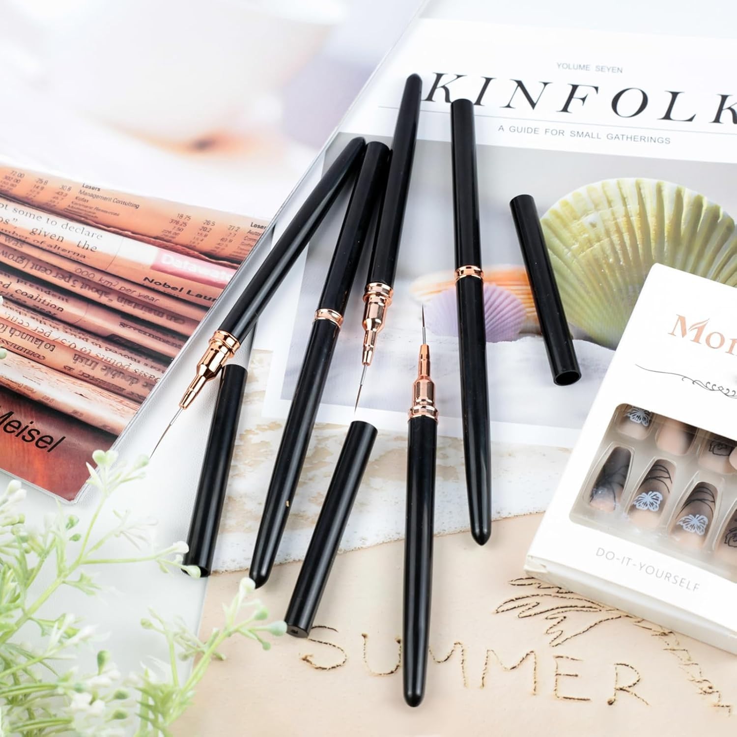 Artdone 5PCS Metallic Nail Art Liner Brushes Set, Black Fine Detail UV Gel
