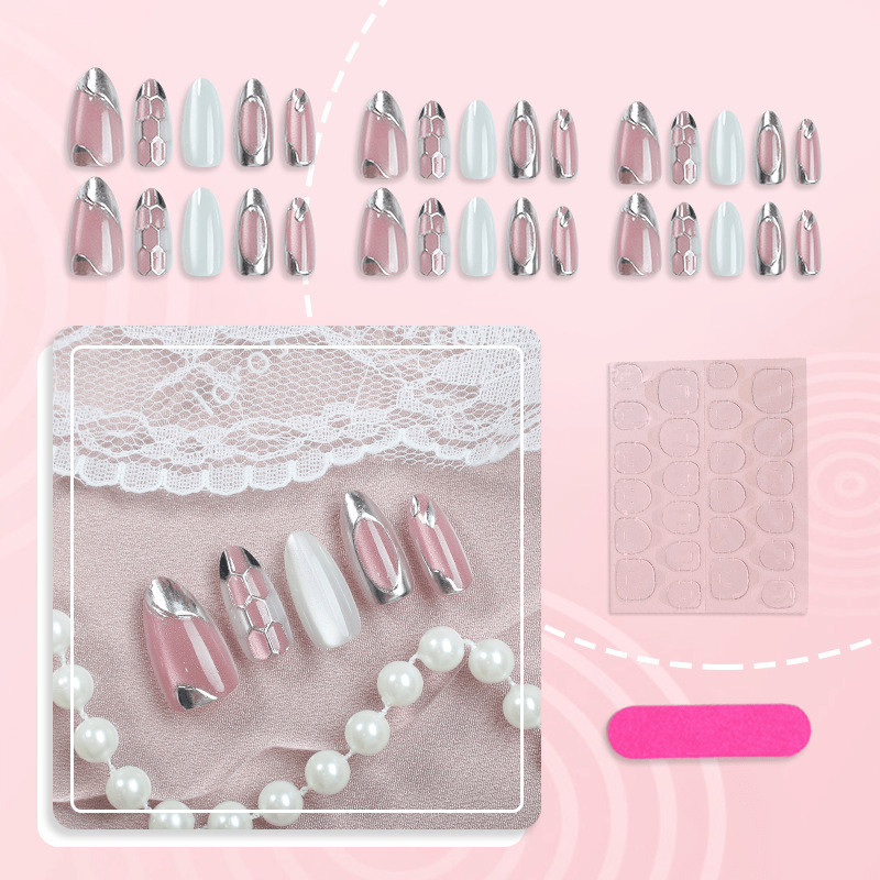 60pcs Almond Press on Nails, Pink White Nails with Silver French Tip Pattern