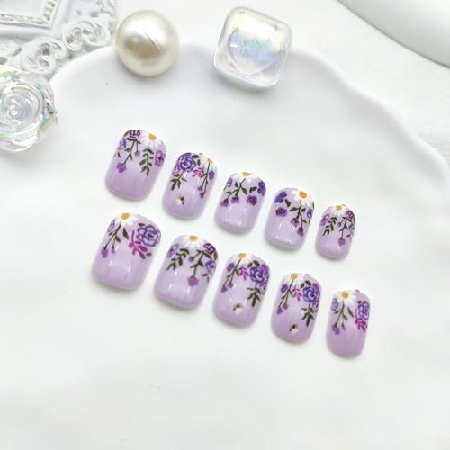 Short Press on Nails Square Fake Nails with French Tip Flower Leaves Designs
