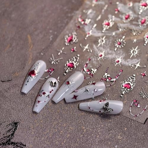 Silver Star Nail Stickers 3D Self-Adhesive Hot Pink Heart Nail Color 029
