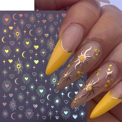 6 Sheets Gold Star Nail Stickers for Nail Art 3D Self Adhesive Moon star moon