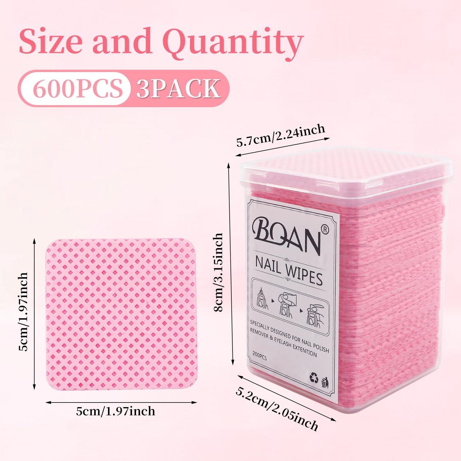 BQAN Lint Free Nail Wipes, 600PCS Polish Remover Pads Pink For pink-600P