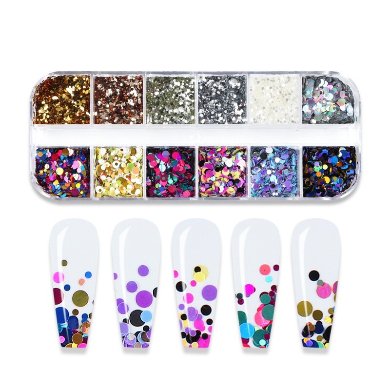 12 Grids Mixed Colors Round Dot Shape Nail Sequins Flakes Nail Art 3D Decoration