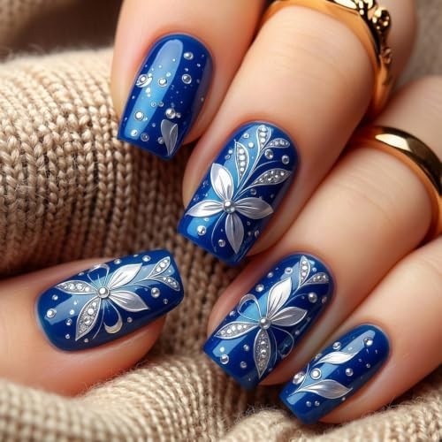 Royal Blue Square Press On Nails – Silver Metallic Floral Fake – Silver Metallic