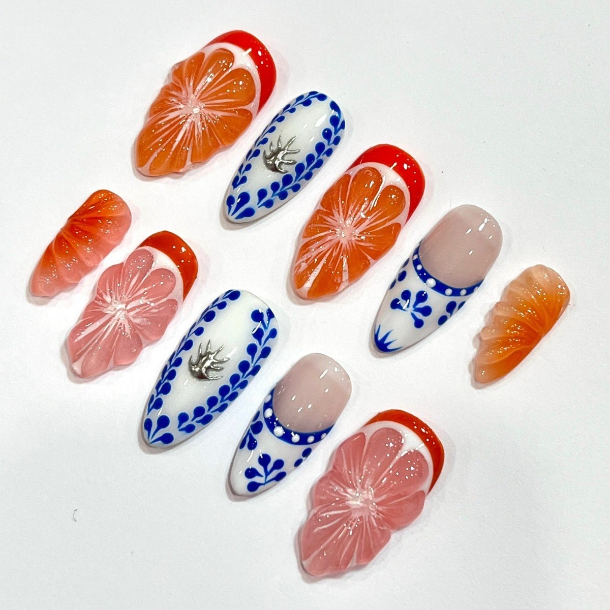 Orange Fruit Handmade Press on Nails Blue Floral Metal Charm Sweet Fake Nails