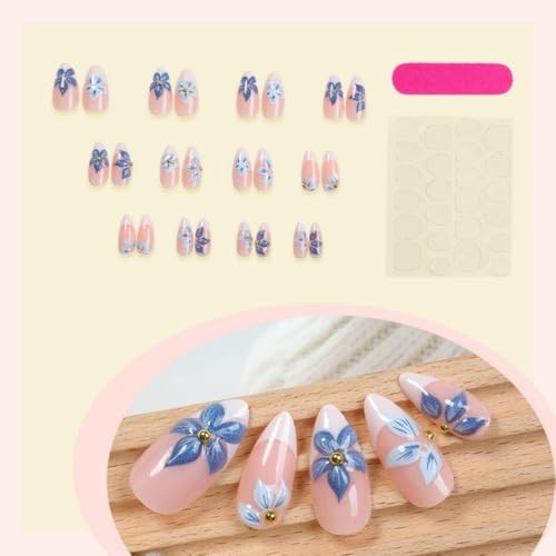 White French Tip Fake Nails with Gold Design – Blue Flower