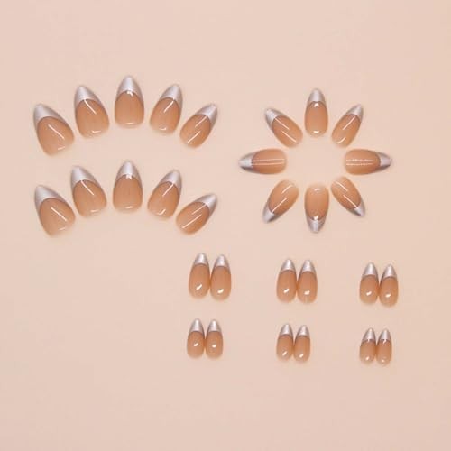 Silver French Tip Press on Nails Medium Almond Fake Nails Silver Short Style-40