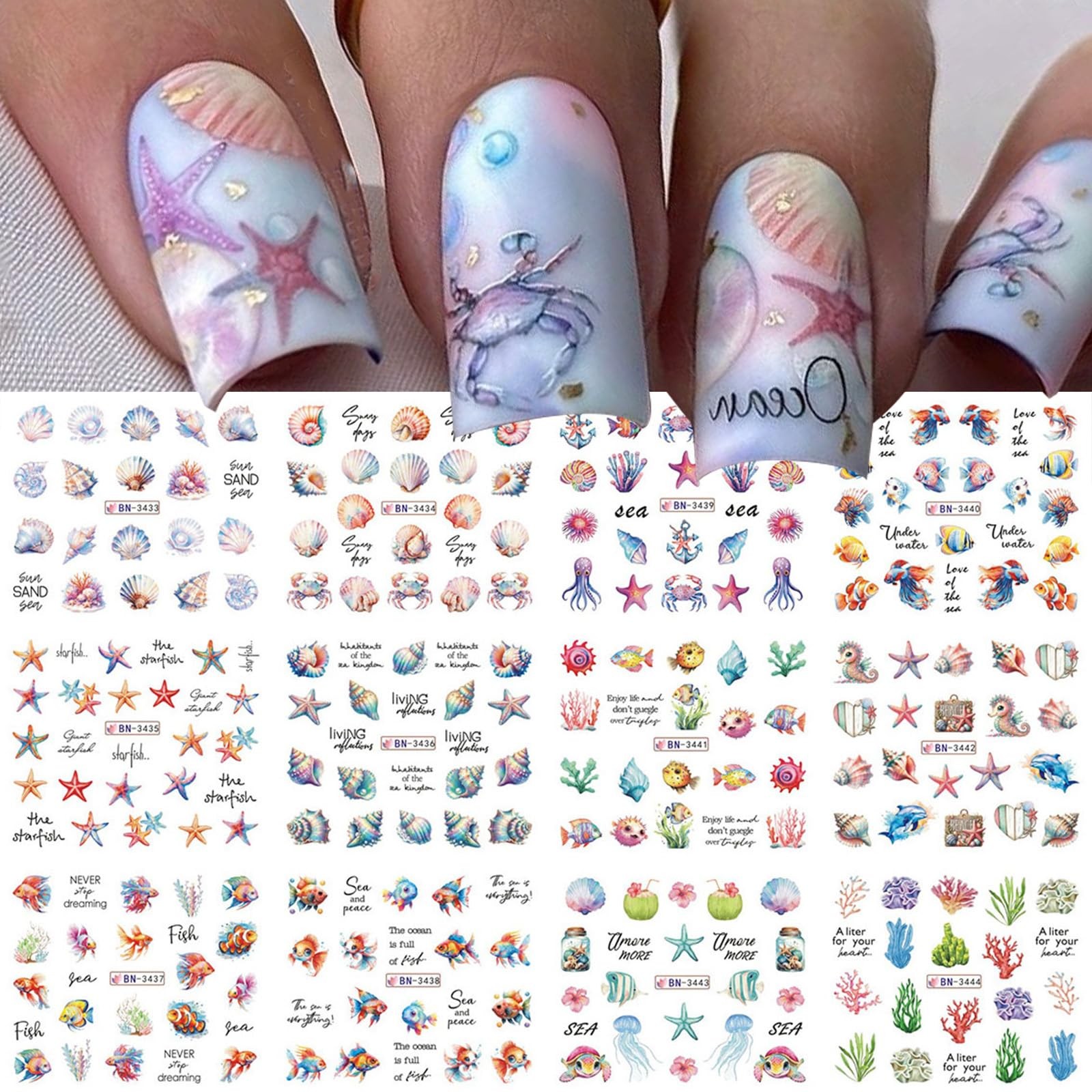 Summer Ocean Water Transfer Nail Stickers, Sea Life Nail Decals with Shell St…