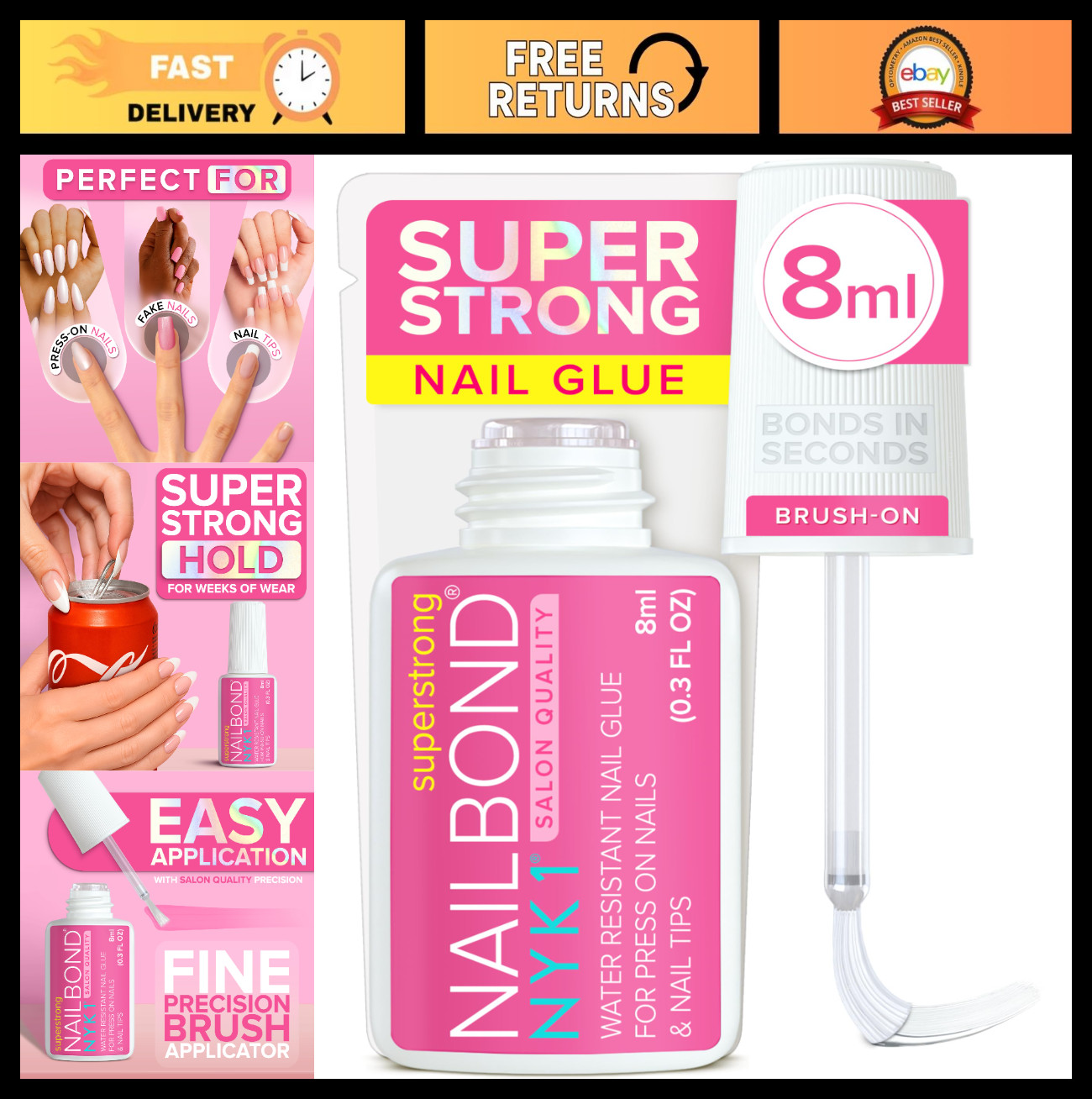 Strong Nail Glue for Press On Nails & Acrylics – 8ml Brush-On, Long Lasting, Mes